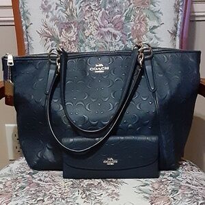 Coach Navy Blue Embossed Tote Bag